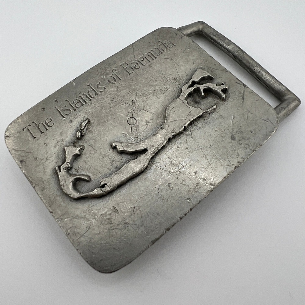 The Islands of Bermuda Belt Buckle Solid Pewter Map BHS #77 Vtg Mens USA Made